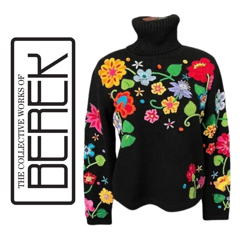 NWT Berek Black Turtleneck with Embroidered Beaded Flowers // Size Small